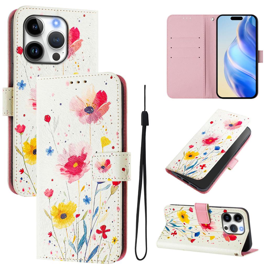 For iPhone 16 Pro Case Pattern Printing Wallet Phone Cover with Strap