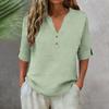 3/4 Sleeve Linen Tops For Women Loose Fit V Neck Button Down Shirts Cute Solid Summer Beach Tee Shirts