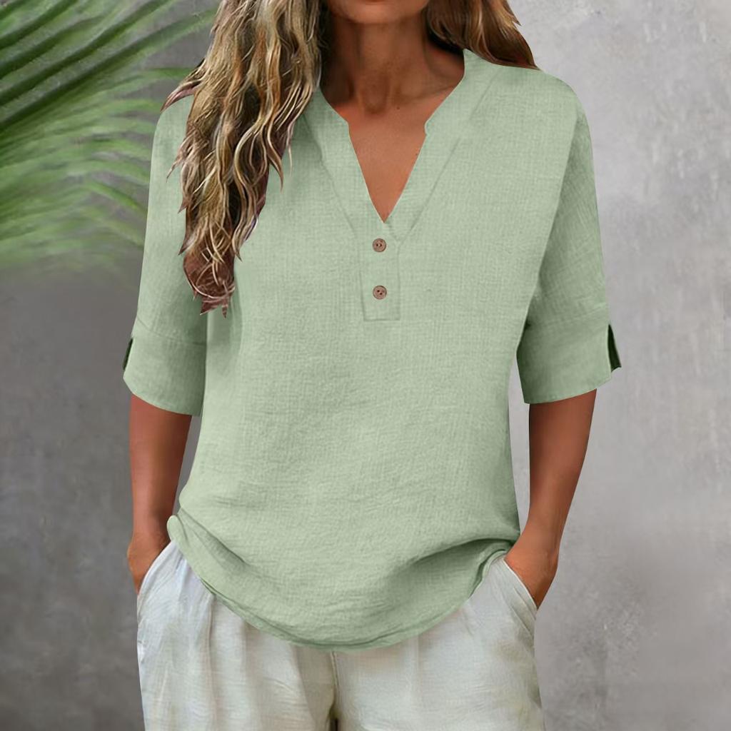 3/4 Sleeve Linen Tops For Women Loose Fit V Neck Button Down Shirts Cute Solid Summer Beach Tee Shirts