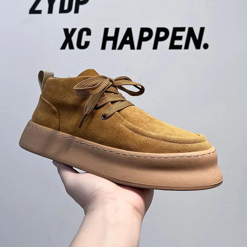 Men's Ankle Boots Suede Cowhide High Top Shoes Men Lace Up Tooling Boots Hand Sewn Thread Casual Shoes Winter Warmth Men's Boots