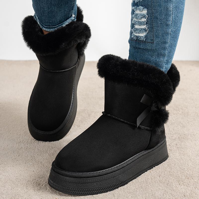 Bowtie Faux Suede Ankle Boots Women Warm Fur Thicken Plush Cotton Padded Snow Boots Thick Sole Chunky Platform Casual Shoes
