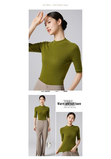 Pure Wool Women's Mid-Sleeve Autumn Sweater: Slimming Half-High Collar Bodycon Knitted T-shirt