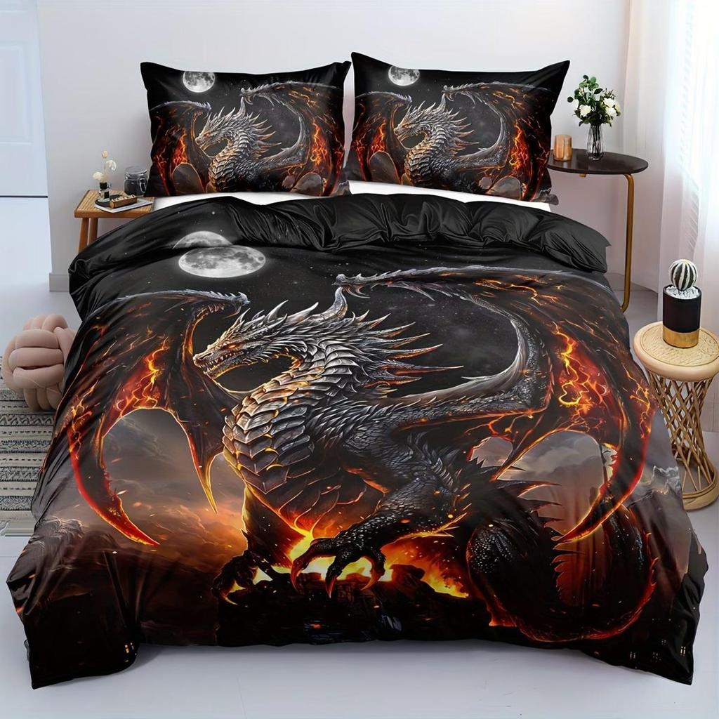 Open 2/3pcs of Soft And Comfortable Dragon Duvet Cover for Double Beds, Featuring Ancient Beast 3D Dragon bedding for Double Beds