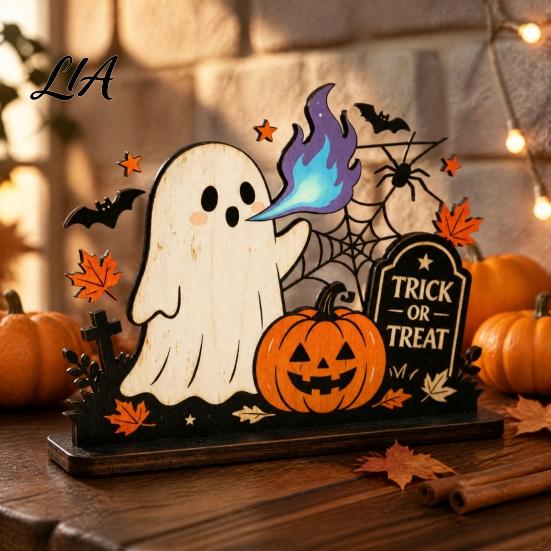 Festive Entryway Countertop Accents Halloween Ghost Ornaments with Pumpkin Tombstone and Bat Elements, Wooden Gift for Home Decor Tabletop Decorations