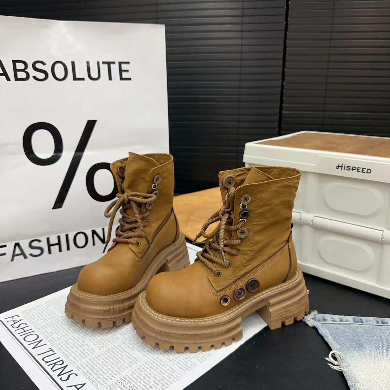 

European leather big head Martin boots women s new retro lapel two wear button muffin thick-soled big yellow boots tooling boots 35 верблюд