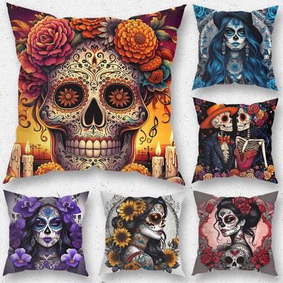 Funda de Almohada Calavera Catrina Mexicana Día de Muertos Para Decoración de Hogar Dormitorio Habitación Sala de Estar Cubierta de Cojín para Sofá Adecuado