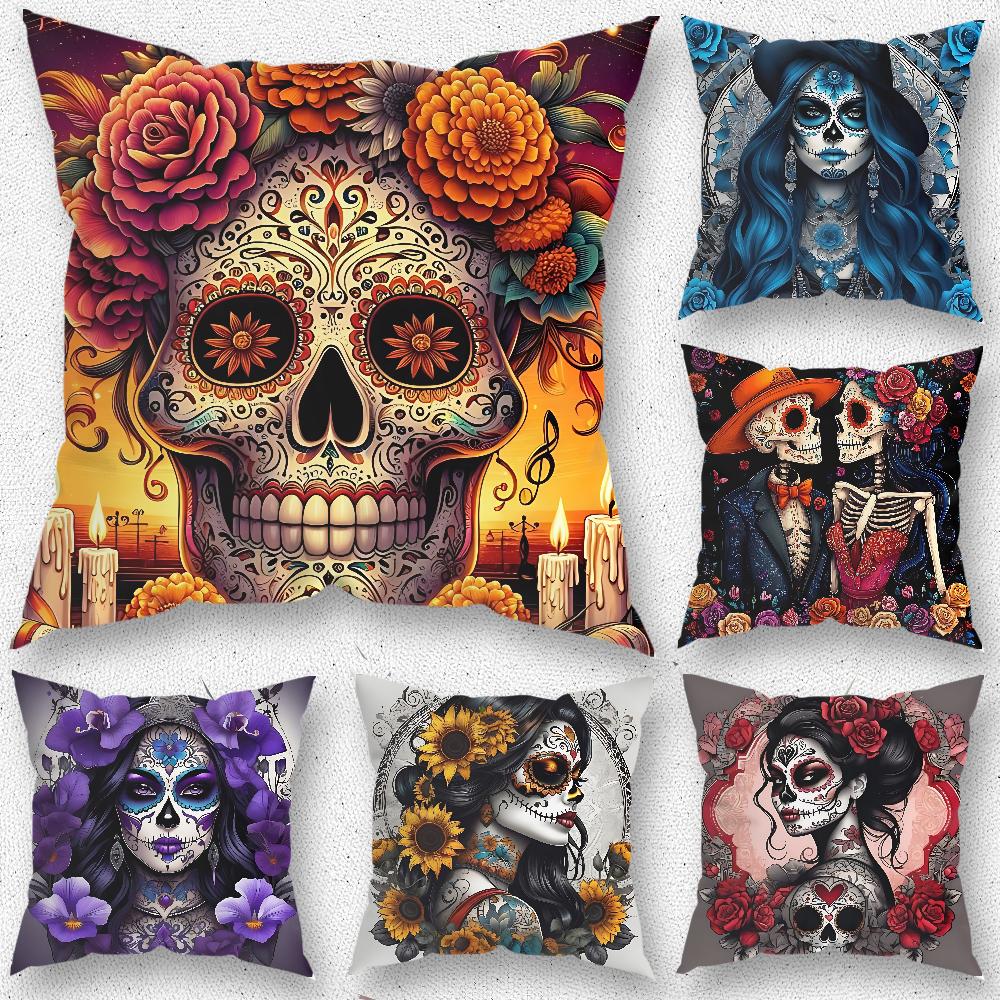 Mexican Catrina Skull Day of the Dead Pillow Case For Home Bedroom Room Decoration Living Room Sofa Cushion Cover Suitable
