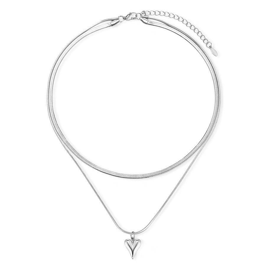 Double Layered Love Heart Pendant Necklace for Women Silver Color Simple Neck Chain Choker Fashion Jewelry Birthday Gifts