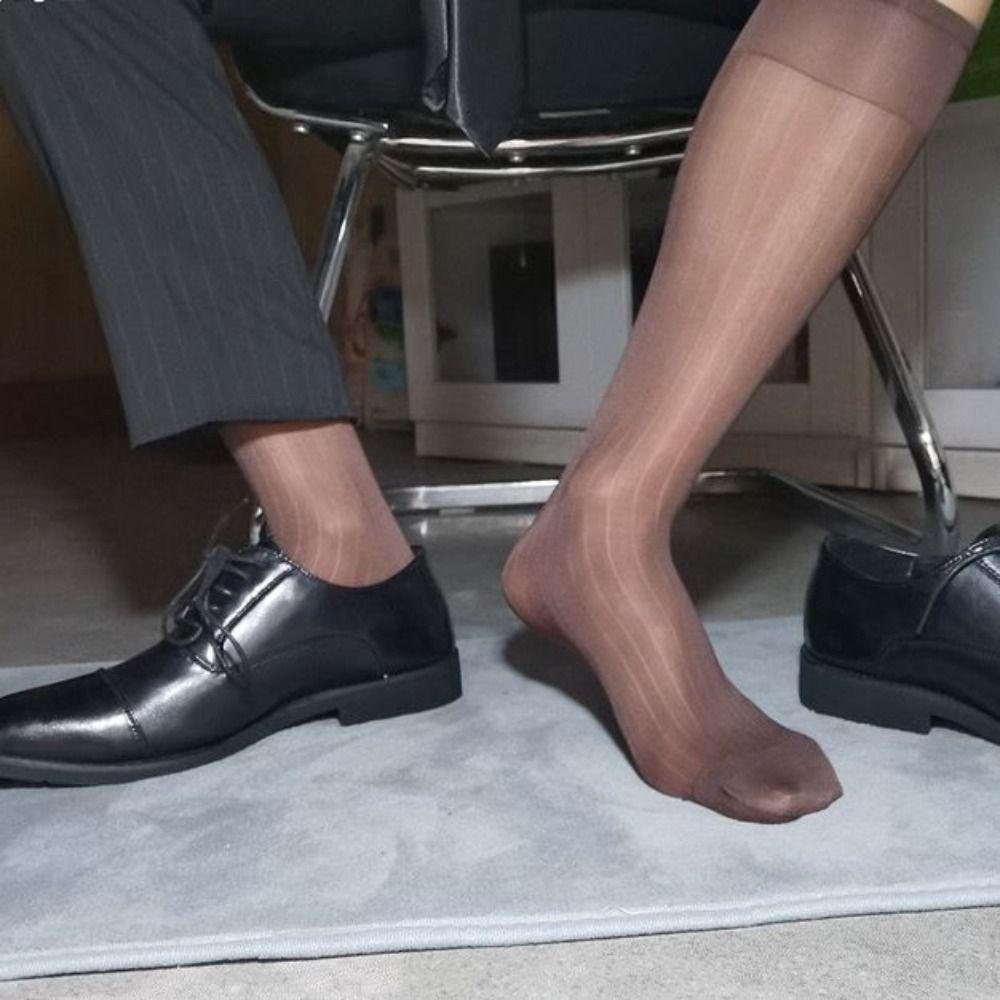 Translucent Men Thin Dress Tube Socks Middle Tube Wide Striped Silk Socks Summer