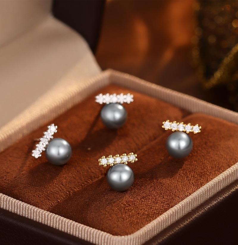 S925 Sterling Silver Inlaid CZ Gray Pearl Earrings for Women 2025 New Style Simple Unique Temperament Ear Accessories