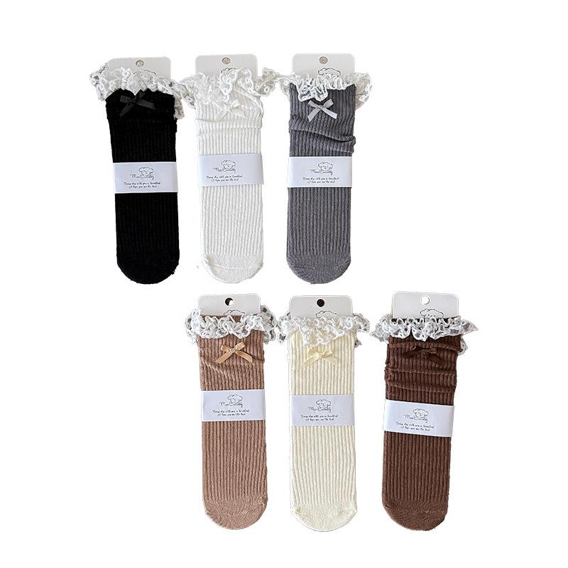 Girls' Tube Socks Japanese Lolita Lace Bow Pile Pile Socks Ballet Style Double Needle Children's Cotton Socks