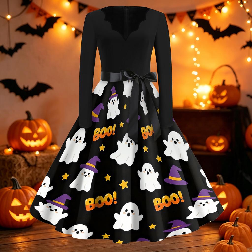 Women's Casual Halloween Print V Neck Vintage Dress Long Sleeve Retro Style Midi Dress with Waist Tie for Seasonal Wear