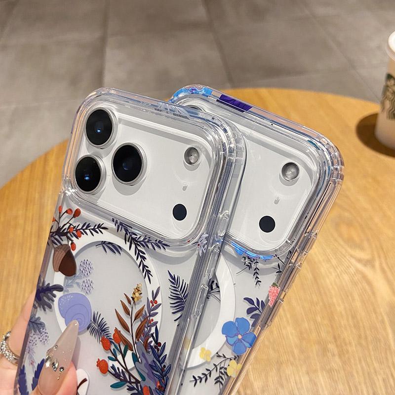 for IPhone 17 Air 16 15 14 13 12 Pro Max Clear Hard Acrylic Cover Luxury Glitter Flower for Magsafe Wireless Charge Magnet Case