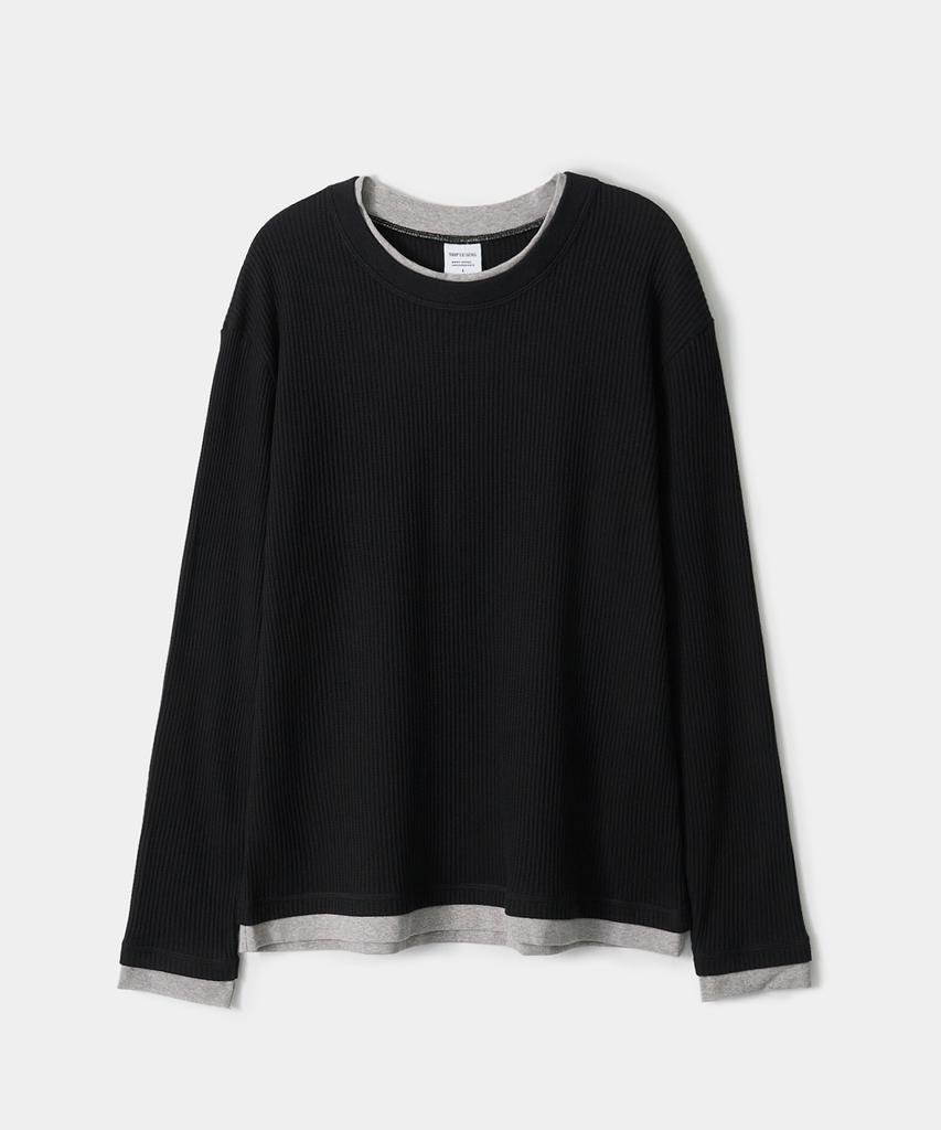 TRIP LE SENS Waffle And Layered Long Sleeve T-Shirt_Black