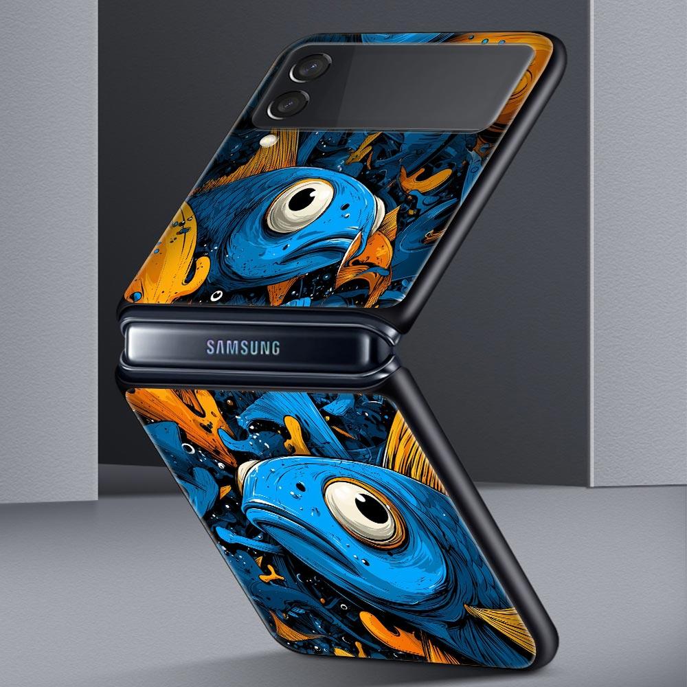Blue Ocean Fish Hard PC Phone Case For Samsung Galaxy Z Flip 7 6 5 4 Black Cover For Galaxy Z Flip 3 Foldable Shell Fundas Capas