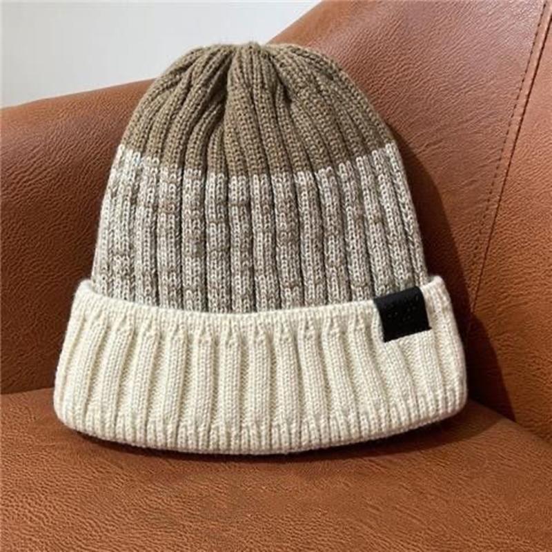 New Unisex Color Block Winter Hats Add Fur Lined Men And Women Keep Warm Beanie Cap Outdoor Streetwear Decor Winter Knitted Hats