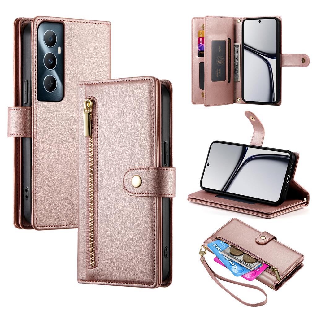 DF-011 For Realme C65 4G Case Zipper Pocket Wallet Leather Phone Cover with Straps