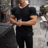 Herren T-Shirt mit V-Ausschnitt, kurzärmelig, Fitness, Slim Fit, Sportstreifen, einfarbig, atmungsaktive Fitnesskleidung für Sport, Reisen, Büro