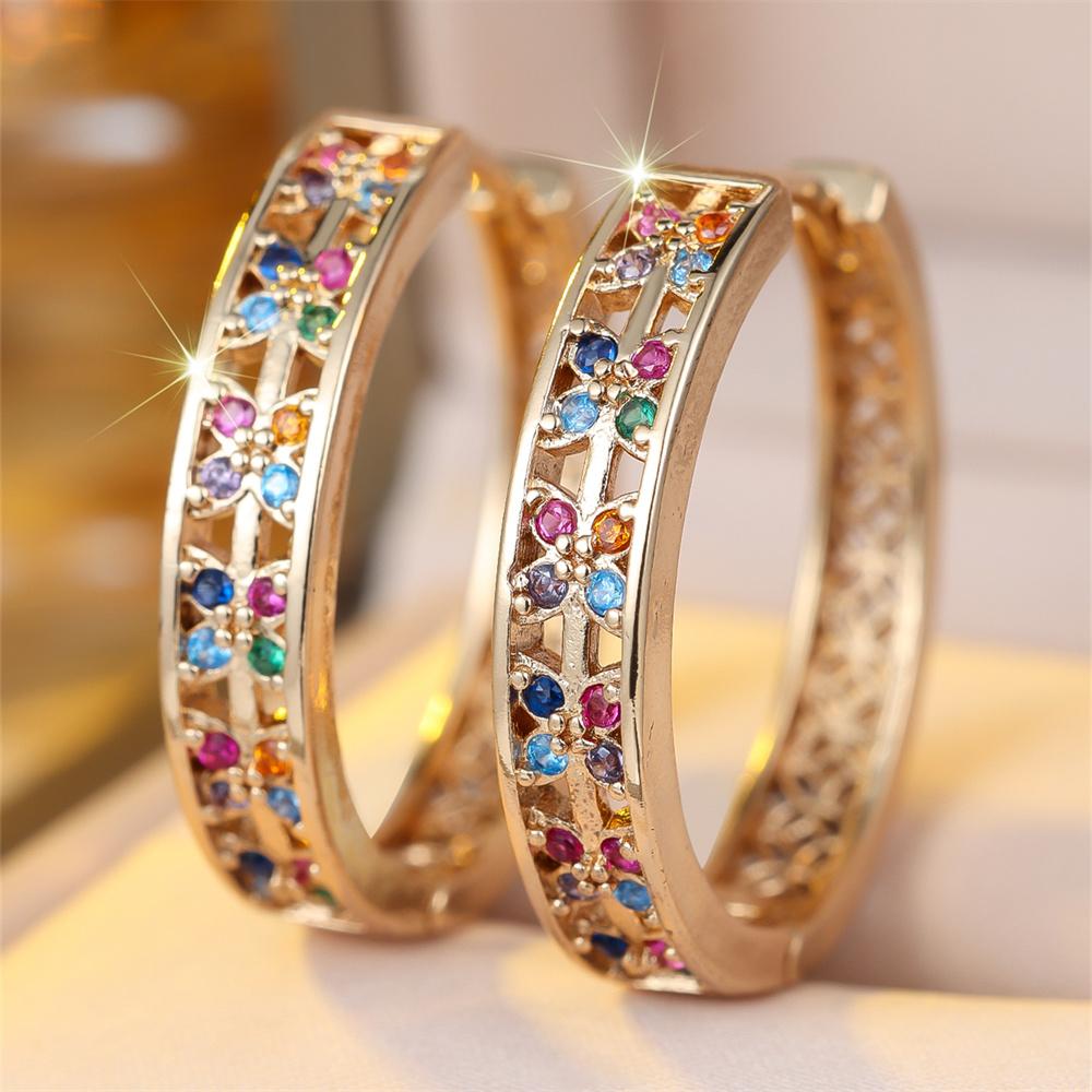 Multicolor Zircon Small Flower Round Stone Hoop Earrings For Women Vintage Gold Color Engagement Ear Buckle Wedding Jewelry Gift