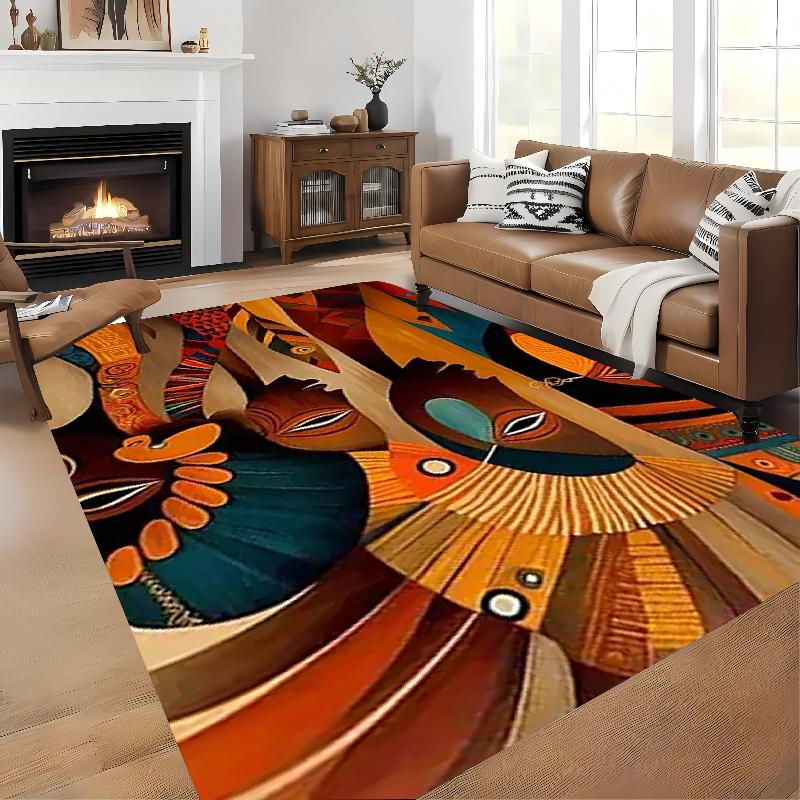 Large African Tribal Area Mat Non Slip Plush Bottom Backing Machine Washable Living Room Bedroom Office Bold Orange Blue Brown