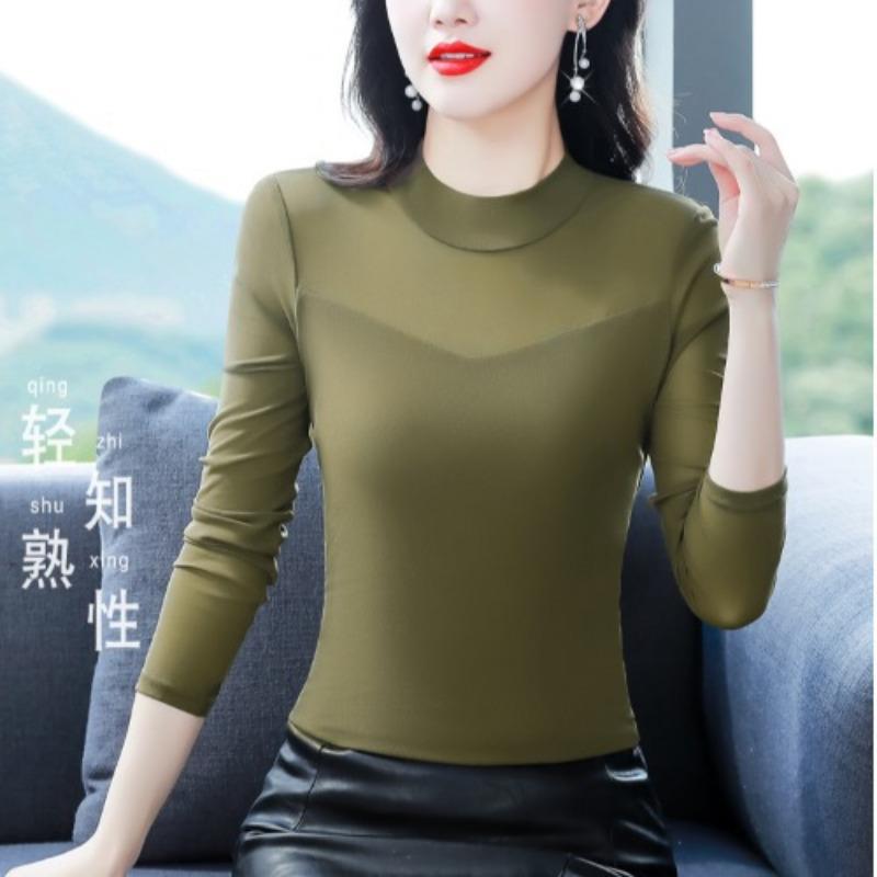 

Женская нижняя рубашка, зимняя новая футболка с длинными рукавами, сексуальная внутренняя полуводолазка черного цвета с сетчатым верхом 4XL