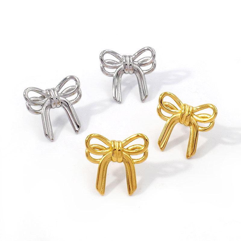 Gold-Plated Bow Earrings - Women's Titanium Steel Light Luxury French Design