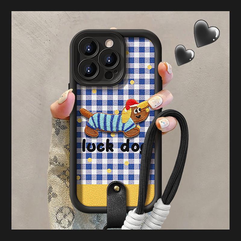 Blue Grid Embroidered Puppy Lanyard Applicable To Apple 15 Mobile Case IPhone 14PRO Lambskin 13 Maillard 7/8