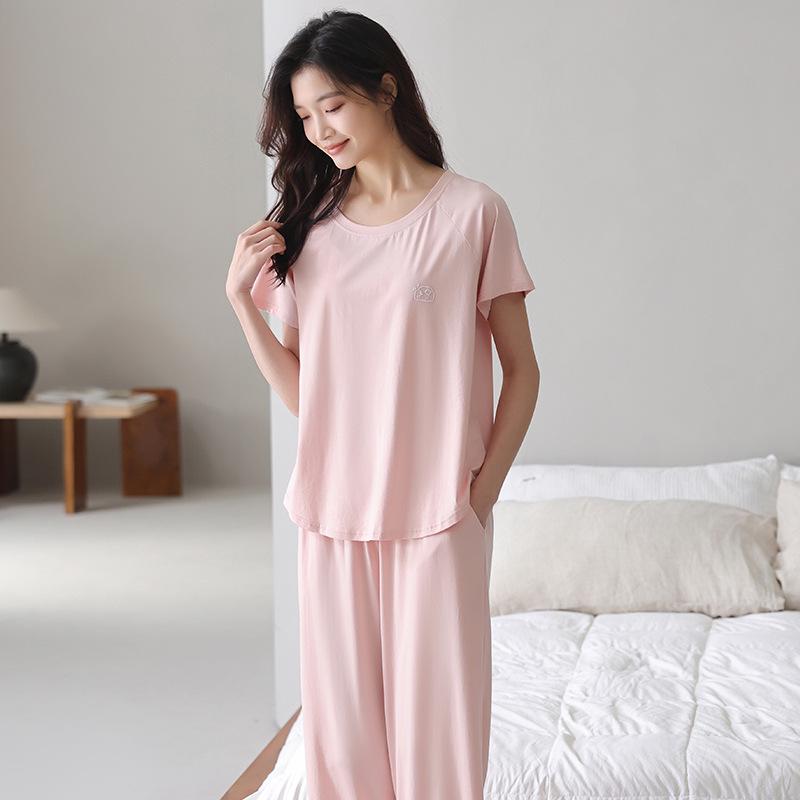 Lyocell Women's Summer Short Sleeve Pajama Set with Chest Pads - Casual Plus Size Home Wear