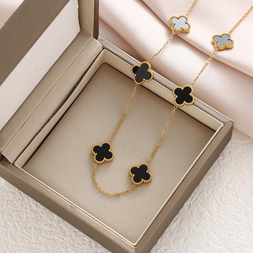 Titanium Steel Double-sided Clover Necklace with Ten Flower Mother of Pearl Necklace, 18K Gold-plated and Colorfast