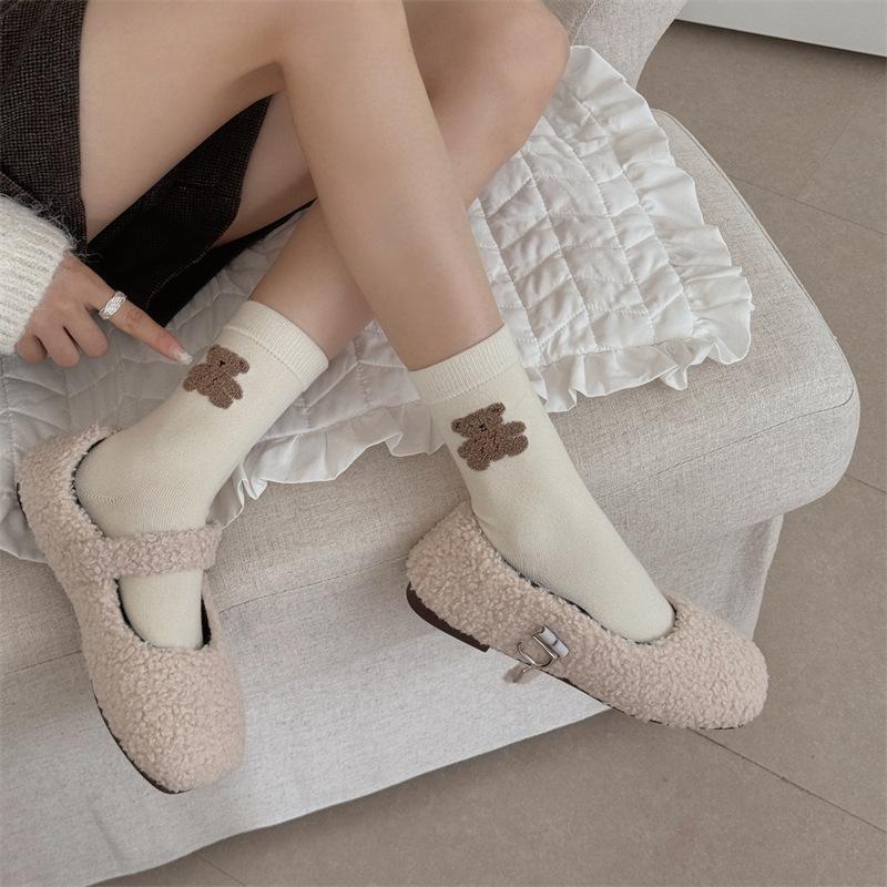 Woolen Bear Embroidered Socks for Women, Thick and Warm Mid-calf Socks for Autumn and Winter, Cute Thick Socks, Long Pile Socks