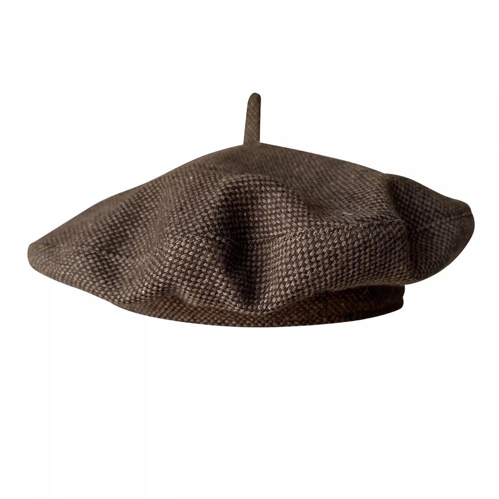 Women's Wool Blend Beret Hat Asian & British Style Vintage Check Pattern Versatile Painter Cap (UFO Hat Design)