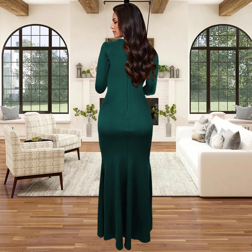C7271 Women's Fashion Solid Color Long Sleeve Slit Dress with Hot Drilling