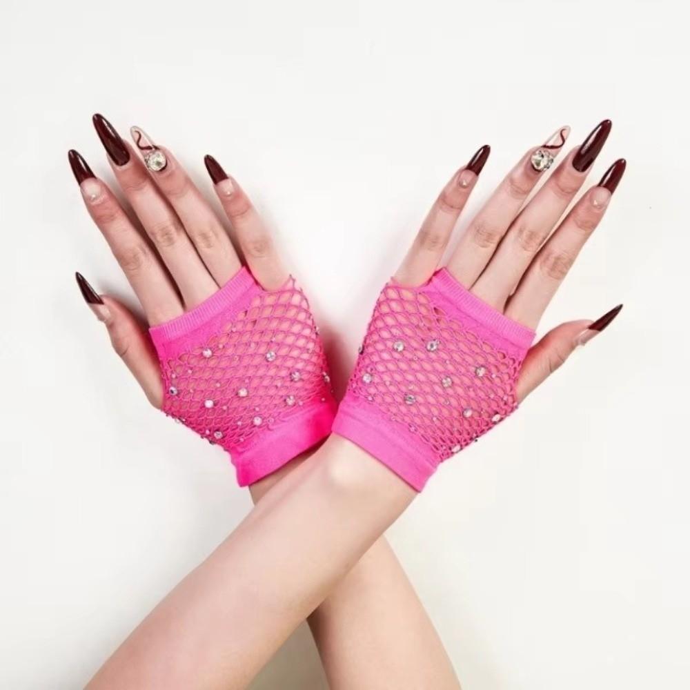Fishnet Design Rhinestone Gloves Shiny Decor Short Gloves New Fingerless Gloves Dance Performance