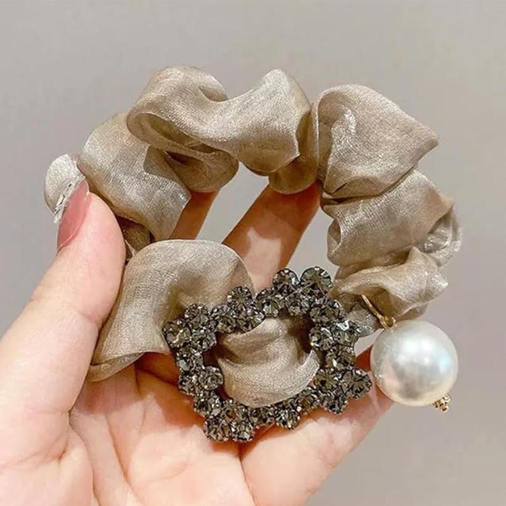 Melodio Pearl Hair Scrunchies for Women - Elegant Crunchy Hair Ties with Rhinestones, Sparkly Hair Band for Ponytail, Wedding, Party | Luxurious Ha