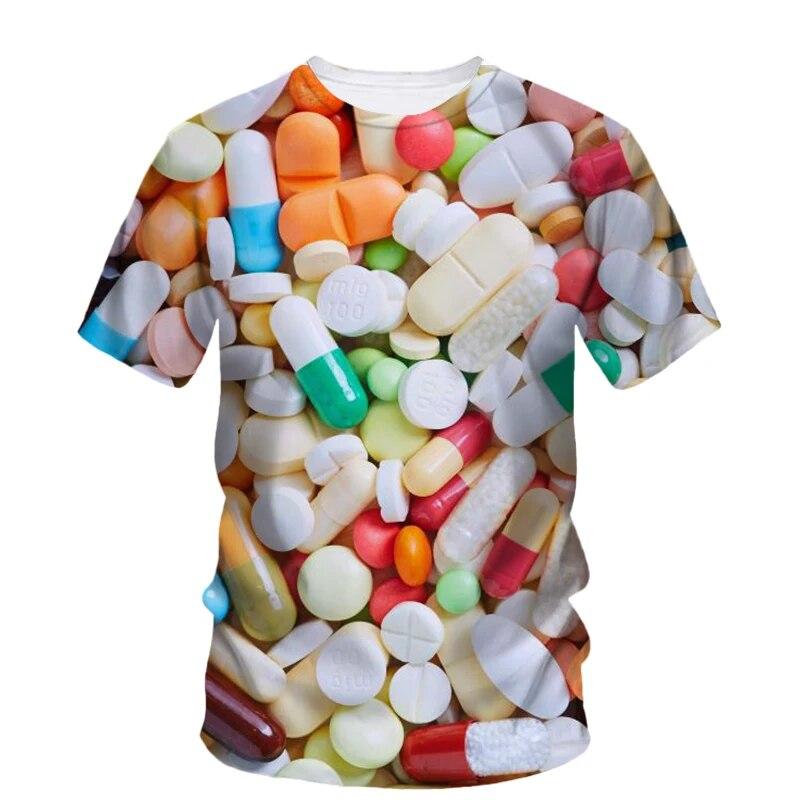 Modne nowe, oryginalność Pill Graphic T-shirty dla mężczyzn Casual Artystyczny trend osobowości Zabawne drukowane koszulki z krótkim rękawem i okrągłym dekoltem