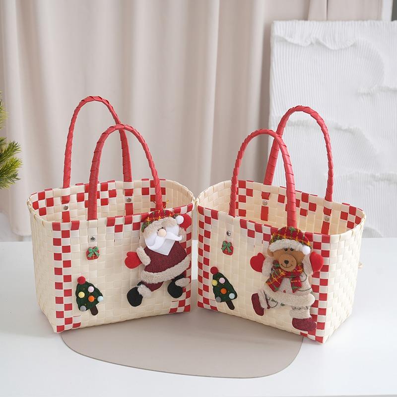 Christmas Plastic Woven Handbag Santa Claus Gift Plastic Woven Handbag Plastic Woven Handbasket Packaging Bag