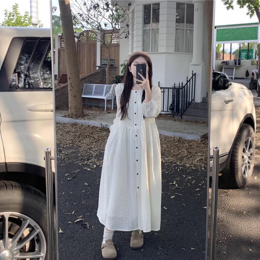 Plus Size White Pleated Fairy Forest Long Dress, French Spring 2026 Style, Long Sleeve. L