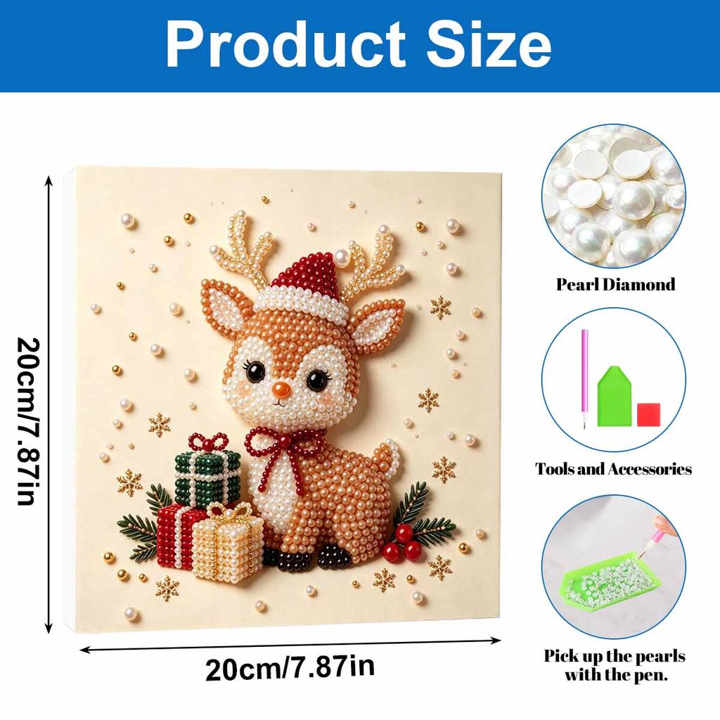 Premium Framed Pearl Art Kit with Cute Christmas Reindeer and Gift Boxes 5D Sparkling Bead Canvas DIY Relaxing Craft for Home Wall Decor Gift