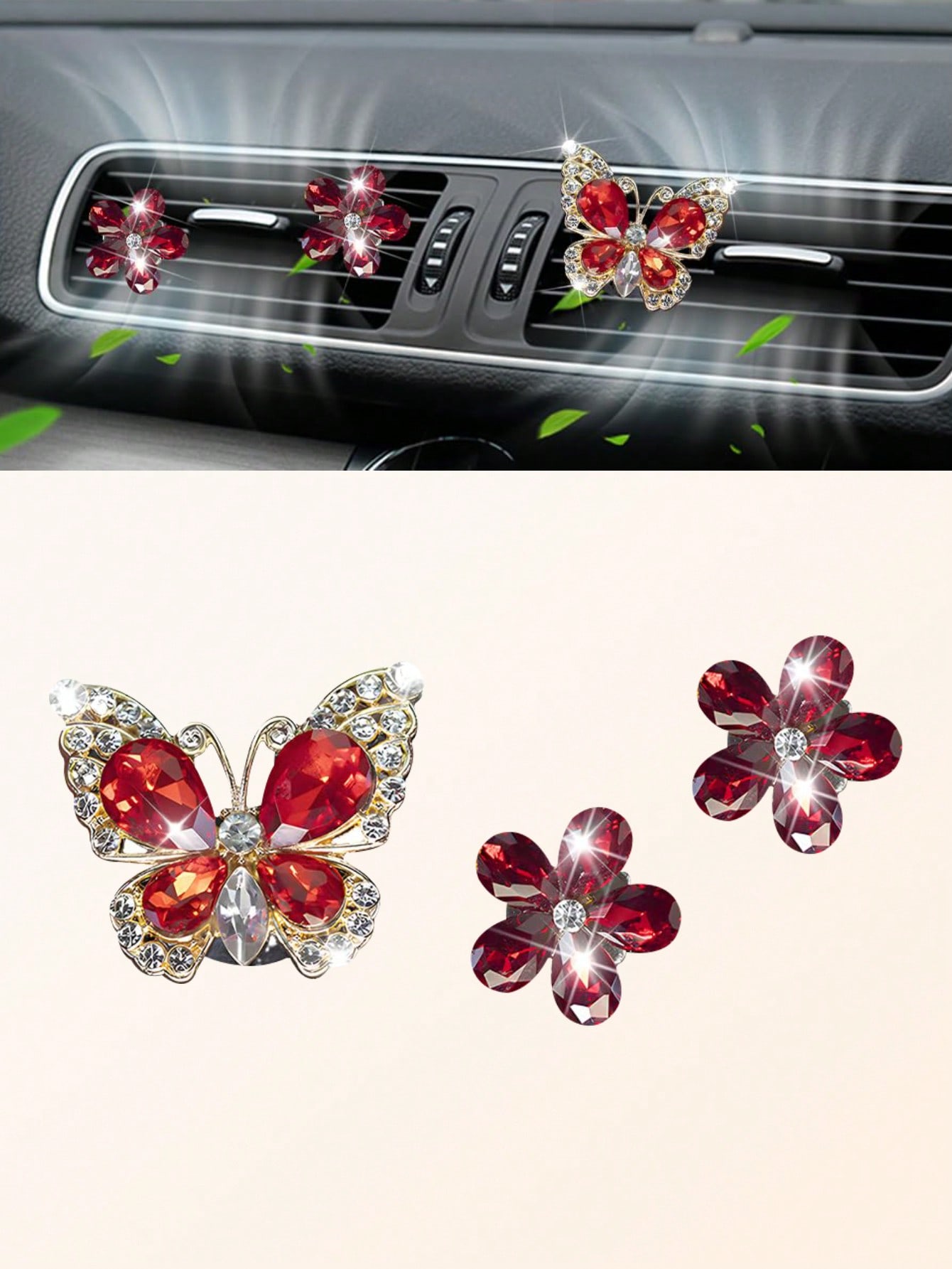 

3 Pcs Crystal Butterfly & Flower Car Air Vent Clips with Rhinestone Decor, Universal for Auto AC Outlets