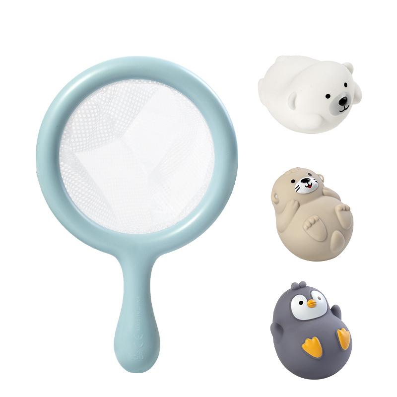 Kids Bath Toys Set with Turtle Sprayer, Fish Net, Shark & Squeeze Animal Floaters, Baby Water Play Toys