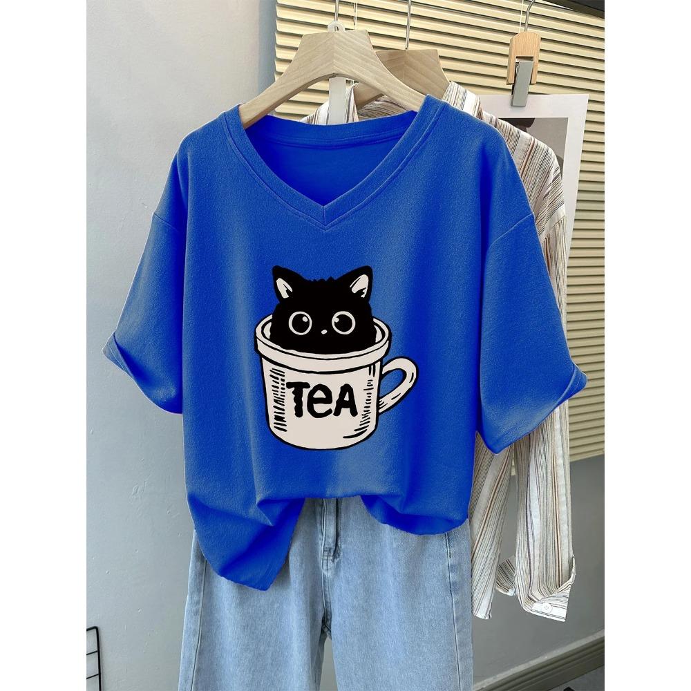 Plus Size 6XL 150KG Summer Cat Print Women's T-shirt Short Sleeve V Neck Lady Tops Big Large Size T Shirt Woman Clothing