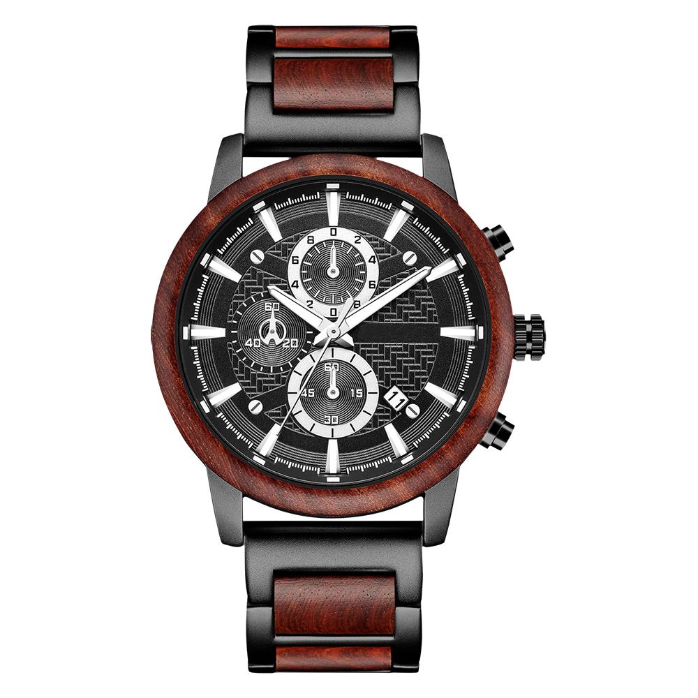 Alloy & Wood Combined Strap Watches Mens Multifunction Chronograph Quartz Calendar Watch Unique Steel Wooden Clock Male Reloj
