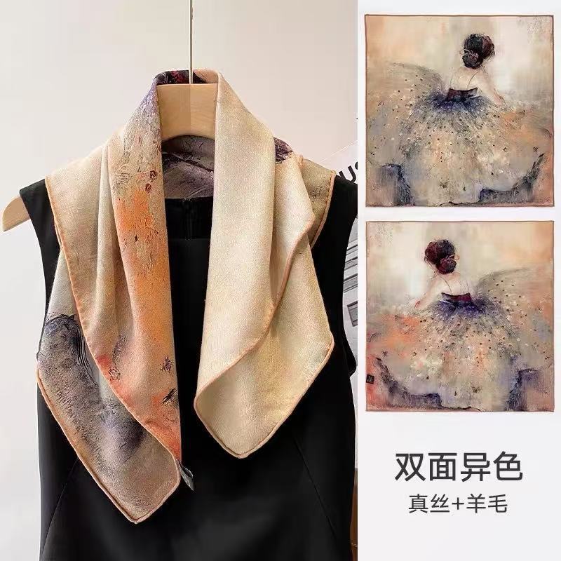 Spring, autumn and winter new high-end silk scarf women's fashion temperament printed shawl double-sided silk scarf