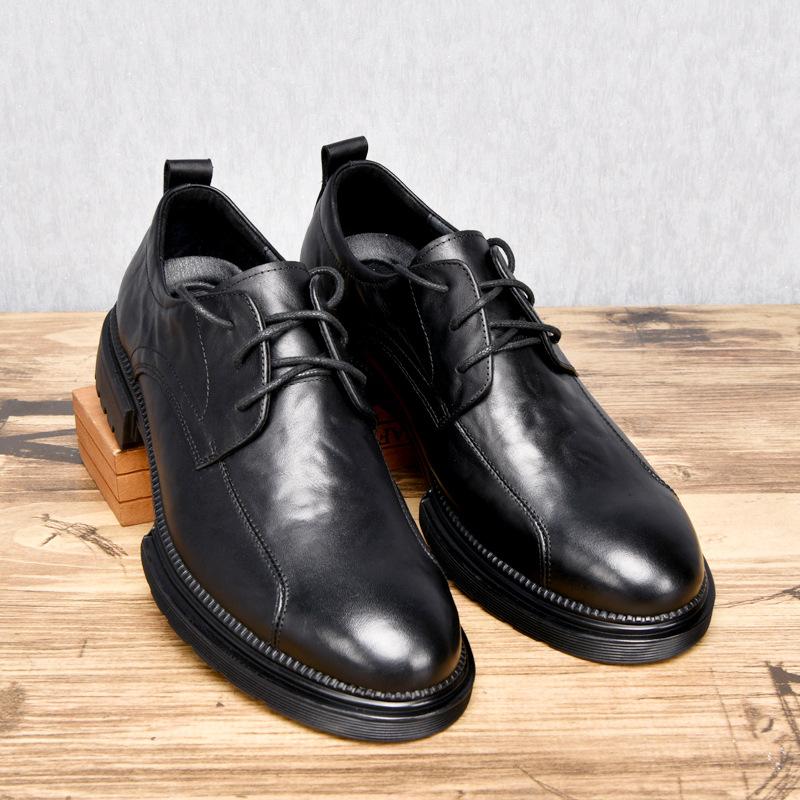 Leather British Style Leather Shoes Breathable Round Head Personalized Lace-Up Blue Trend Platform Men'S Business Single Shoes