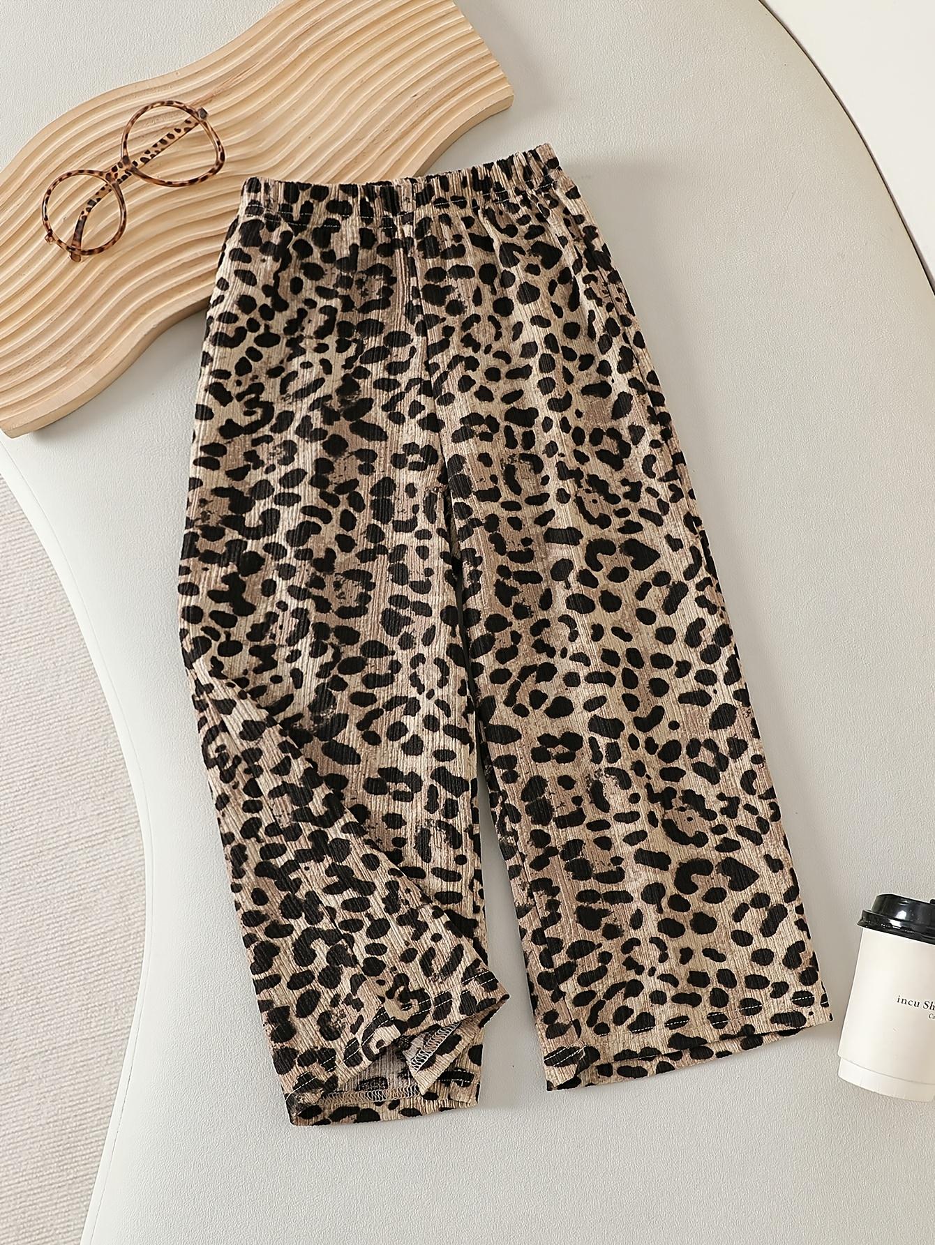 Kids Girls Crinkled Leopard Wide Leg Pants, Stylish Loose Casual Elastic Waist Long Trousers Spring Autumn 4Y коричневый
