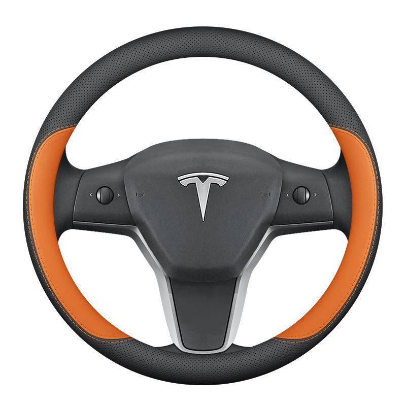Tesla Model 3 & Y Steering Wheel Cover: Ultra-thin, Non-slip Genuine Leather, All-Season Use.