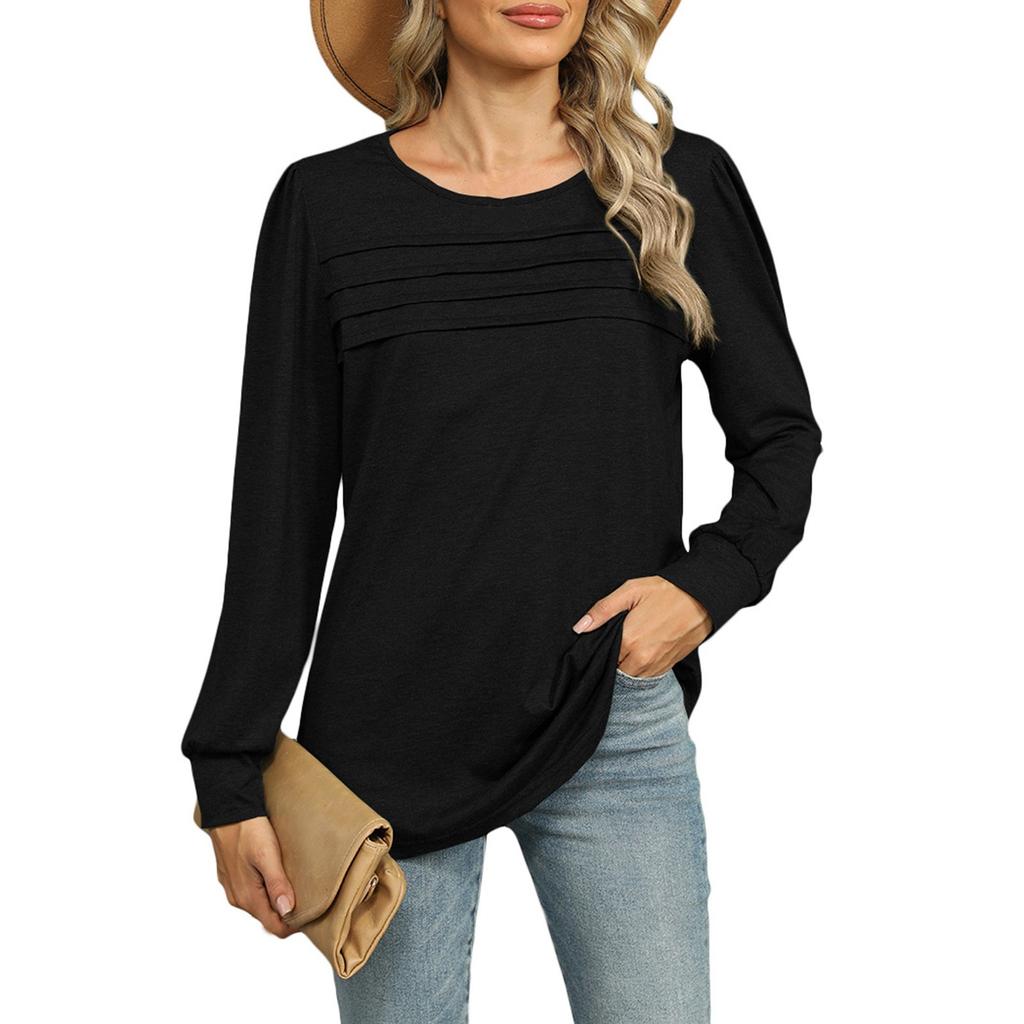 Women's Fashionable Solid Color U Neck Long Sleeved Loose T-shirt Top