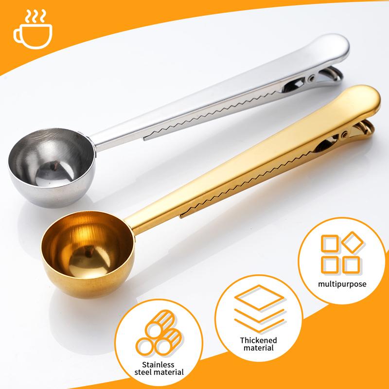 2-in-1 Stainless Steel Coffee Measuring Coffee Scoop Multifunctional Food Sealing Clip Tea Milk Powder Scoop Coffee Accessories