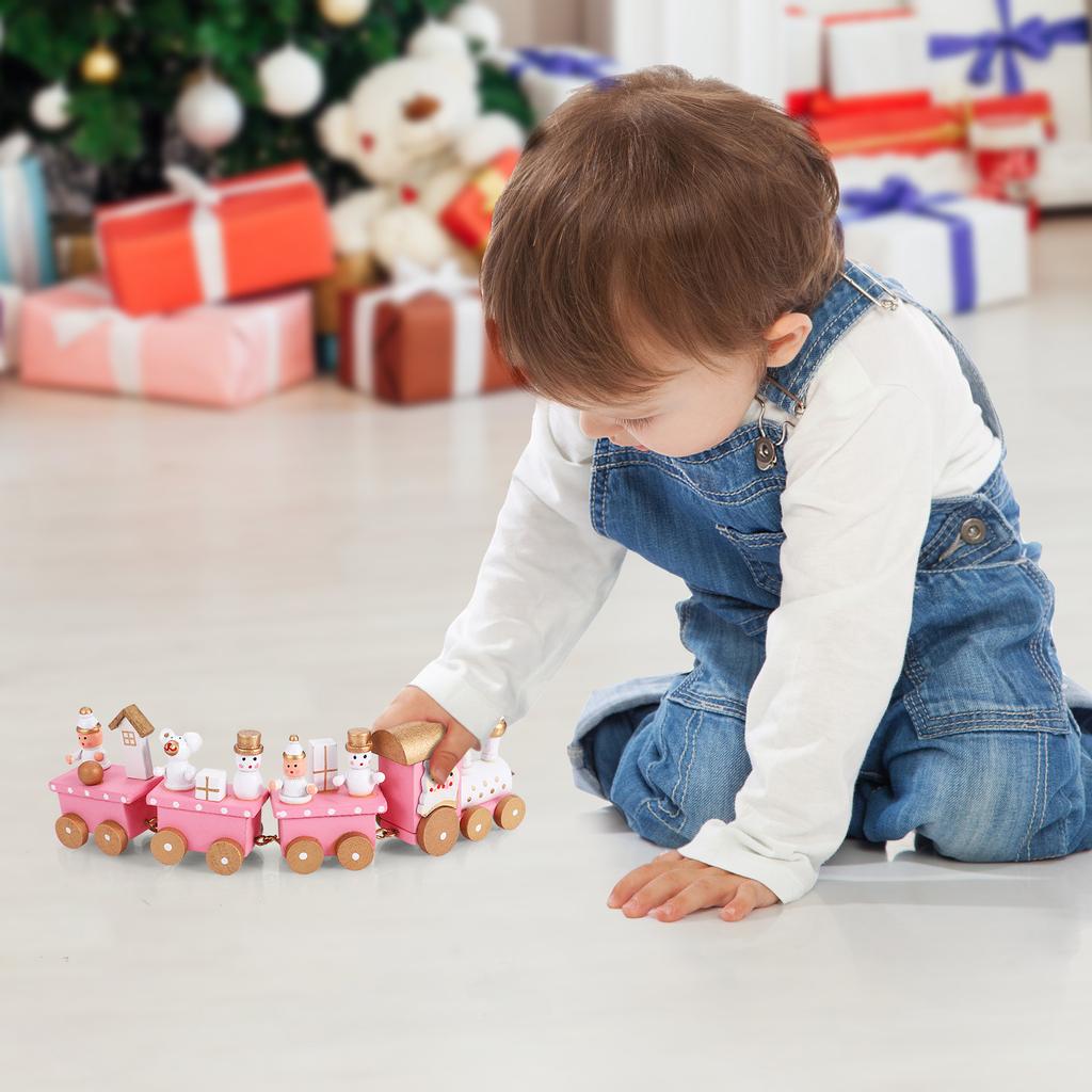 Christmas Wooden Train 4 Section Mini Train Rail Toy Set Creative Train Adornment with Snowman and Bear Desktop Gift for Kids