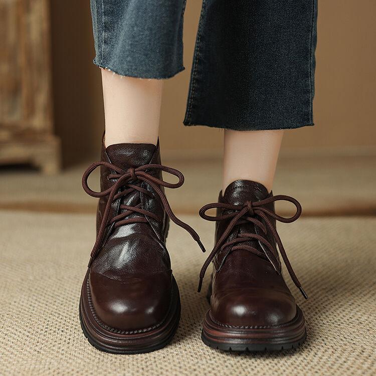 

Fashion NEW Autumn/Winter Women Boots Genuine Leather Shoes for Women Round Toe Chunky Heel Shoes Lace-up Ankle Boots Black Riding Boots 34